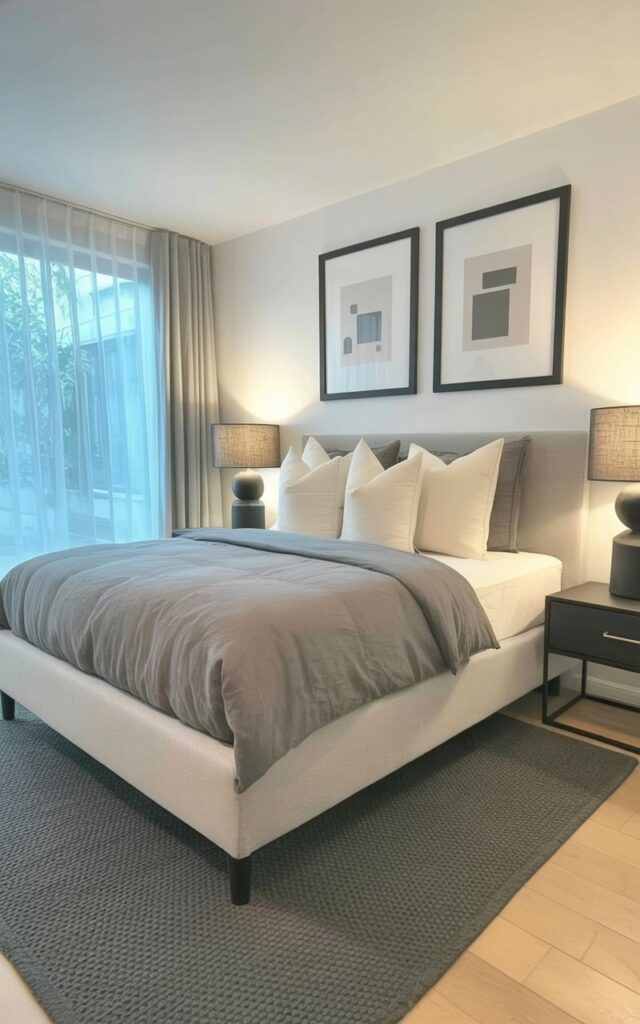 A queen-sized bed with a grey duvet and several white pillows sits centered in a modern bedroom. Two black picture frames hang on the wall above the headboard, each containing a simple abstract print with geometric shapes. A black lamp base with a linen lampshade rests on a bedside table next to the bed, while a minimalist black sculpture sits on the other bedside table. Large windows with sheer white curtains face a quiet, tree-lined street, allowing natural light to illuminate the room, and a dark grey area rug lies beneath the bed, grounding the space.