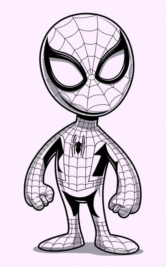 A playful, plain white background pencil drawing illustration of Spiderman standing in a cartoon-inspired form. The proportions are slightly exaggerated, with a broader head and simplified limbs. The pose is upright and relaxed, giving a friendly, animated feel. Web lines are fewer and bolder, emphasizing design over realism. The eye lenses are wide and expressive, creating a cheerful personality. The character is drawn in a simplistic style. Thick outlines and minimal detail give the drawing a lighthearted, approachable charm.
