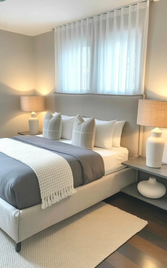 A king-sized bed with a grey linen headboard and a white woven throw blanket anchors the room's composition. Layered bedding includes a grey duvet cover, two white cotton pillowcases, and two textured grey accent pillows arranged neatly on the bed. Sculptural white ceramic pieces – a tall, slender vase, a rounded bowl with a subtle lip, and a cylindrical lamp with a linen shade – are strategically placed on a dark grey bedside table and a floating shelf. Soft morning light filters through sheer white curtains, illuminating the glossy surface of the ceramic pieces and the matte texture of the linen bedding against a backdrop of pale grey walls.