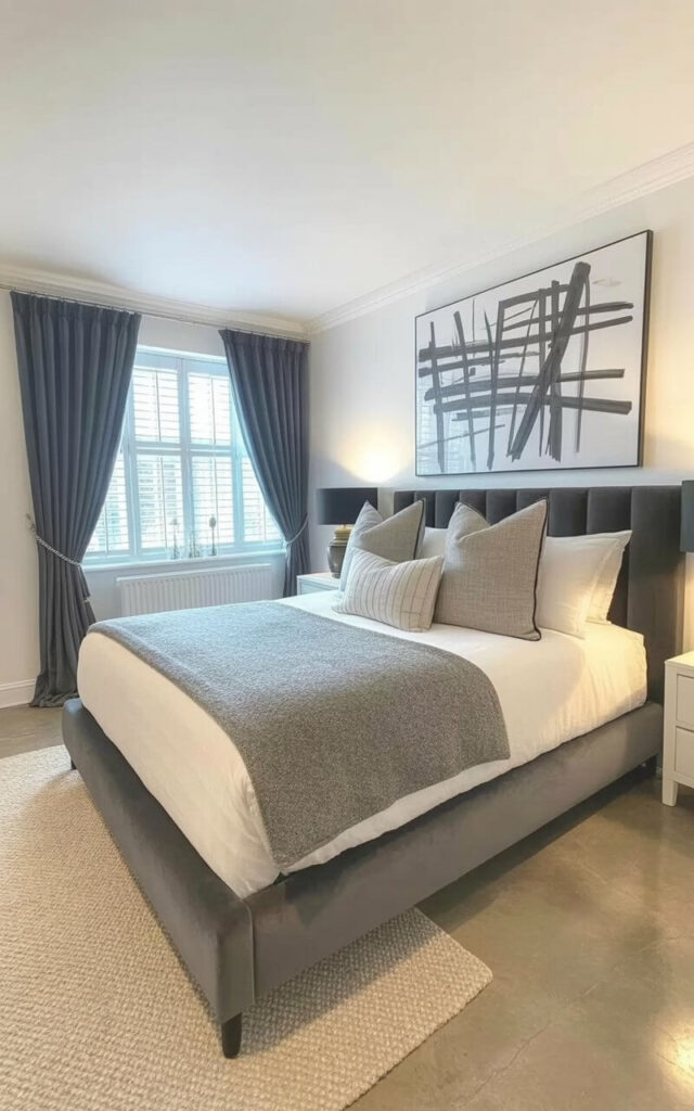 A large platform bed with a charcoal grey upholstered headboard dominates the composition, layered with white cotton sheets, a grey wool blanket, and several grey linen pillows. An abstract artwork depicting intersecting charcoal lines and shapes hangs on the wall behind the bed, creating a visual contrast with the clean white bedding. Heavy charcoal grey curtains frame a large window, diffusing the incoming light and softening the room's ambiance. The bedroom features polished concrete flooring, a simple white nightstand with a black lamp, and a tall, dark wood dresser positioned against the far wall.