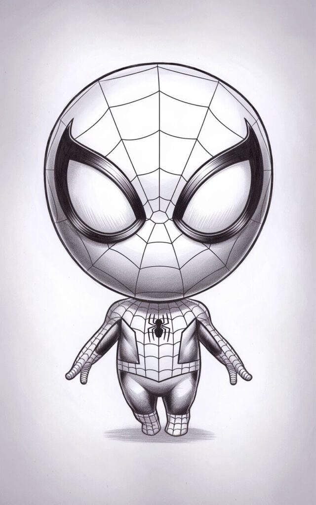 A charming, plain white background pencil drawing illustration of Spiderman rendered in a chibi form. The head is oversized and round, while the body is short and compact, creating a cute and friendly appearance. The arms hang gently at his sides, and the legs are stubby with small feet. The eye lenses are large and rounded, giving a soft, approachable expression. Suit details are simplified with fewer web lines. The figure is drawn in a simplistic style. Light pencil strokes and smooth curves keep the drawing playful and easygoing.