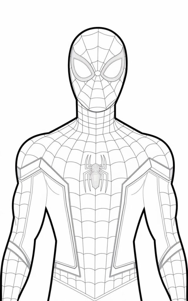 A clean, plain white background pencil drawing illustration of Spiderman standing upright, designed to support flat color application. The outlines are clear and intentional, with no heavy shading or texture. The suit's sections are clearly defined, making each area easy to color evenly. The eye lenses are bold and symmetrical, anchoring the face. The drawing is drawn in a simplistic style. The overall structure emphasizes clarity and balance, making it ideal for clean coloring and visual simplicity.