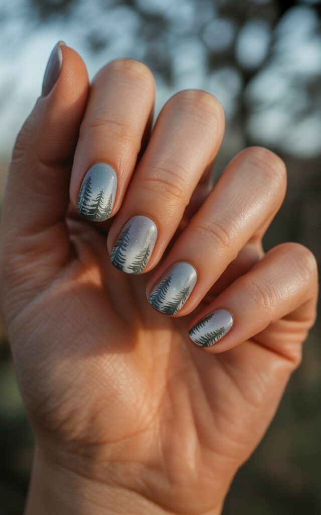 A cinematic close-up photograph of a woman's relaxed hand displaying five perfectly manicured fingers against a softly blurred natural background. The hand appears luminous and well-moisturized with a subtle oily sheen that catches the gentle light, while each fingernail showcases an elegant winter-themed design featuring misty gray base colors. Delicate evergreen tree silhouettes are painted in thin, precise strokes across each nail, creating miniature forest landscapes with a sophisticated matte finish that evokes a dreamy fog effect. The serene positioning of the fingers allows optimal viewing of the intricate nail art details, while soft natural lighting enhances both the hand's radiant skin texture and the cool-toned polish, creating a beautiful contrast between warmth and winter aesthetics.
