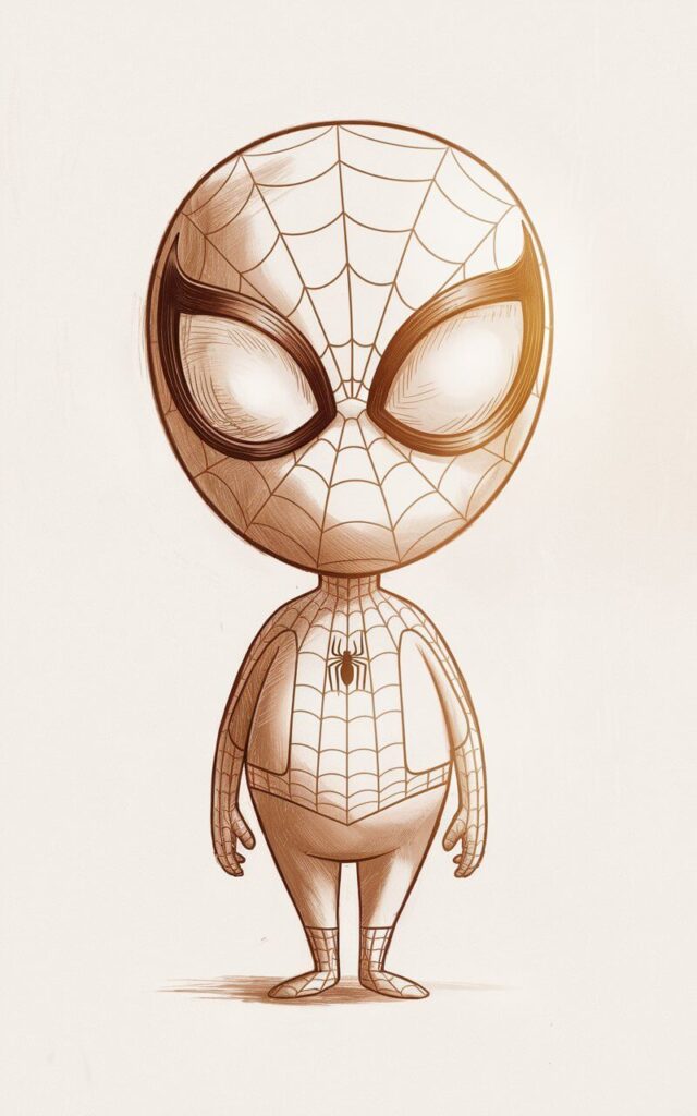 A warm, plain white background pencil drawing illustration of Spiderman standing still with noticeably large eye lenses. The eyes dominate the mask, giving the character a gentle and welcoming expression. The body is proportioned simply, with straight legs and relaxed arms. The web pattern is subtle and evenly spaced, avoiding heavy detail. The drawing is drawn in a simplistic style. Soft pencil lines and smooth curves enhance the friendly tone, making the character feel calm and non-threatening.