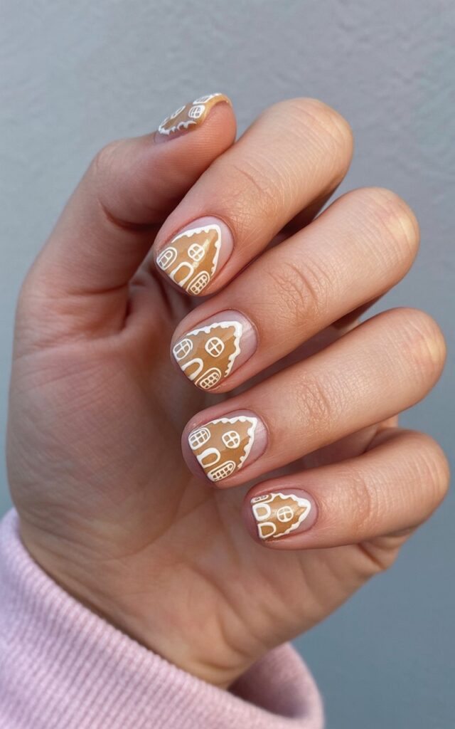 A woman's hand, displaying five fingers in a relaxed, slightly curved position, is the primary focus. Each fingernail is coated in a warm caramel-colored polish adorned with miniature gingerbread houses, complete with white icing-like outlines defining rooftops, windows, and decorative details. The skin of the hand appears well-moisturized, exhibiting a subtle sheen and natural warmth. A softly blurred background of neutral tones creates depth, isolating the hand and highlighting the intricate gingerbread house designs on the nails.