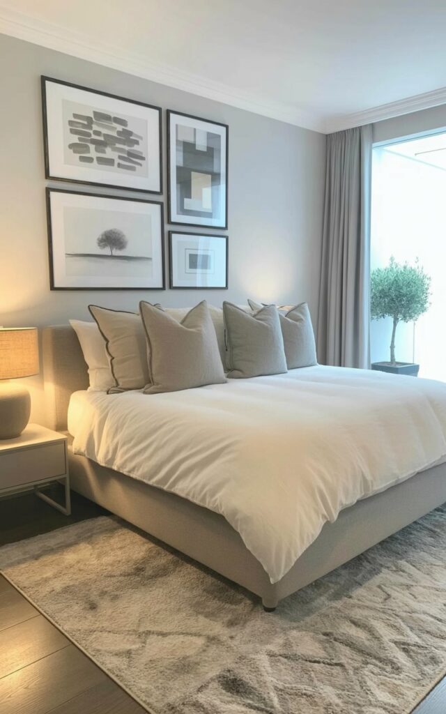 A king-sized bed with a thick white duvet and several gray linen pillows sits against a wall in a bedroom. Above the bed, a curated collection of framed artwork hangs in a grid arrangement, including one abstract piece composed of overlapping gray shapes, a soft charcoal drawing of a lone tree, and a geometric pattern with varying shades of gray. The bedroom features clean white walls, a dark wood floor with a large gray area rug, and a small bedside table with a simple ceramic lamp. A sheer gray curtain filters soft light from a window overlooking a minimalist garden with neatly trimmed hedges and a single potted olive tree.