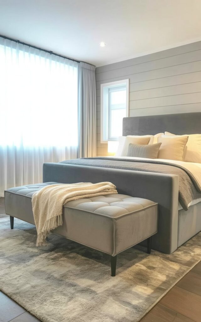 A soft, upholstered grey bench with rounded edges sits directly in front of a platform bed with a tall headboard. The bench’s surface features subtle tufting and is draped with a folded, cream-colored throw blanket. A tall, rectangular window behind the bed reveals a glimpse of pale grey siding on an exterior wall, and the floor is covered with a large, light grey area rug. The room is illuminated by diffused light filtering through sheer white curtains, highlighting the layered textures of the bedding and creating a sense of calm and spaciousness.