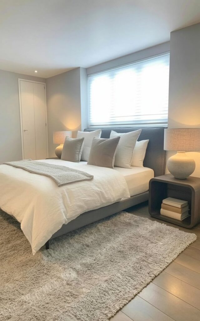 A plush, light grey rug with a subtle ribbed texture covers the wooden floor beneath a low-profile platform bed with a dark grey upholstered headboard. White linen bedding with a thick duvet and several square pillows in varying shades of grey are neatly arranged on the bed, and a single, small grey knitted throw blanket is draped across the foot. Two identical dark wood nightstands with rounded edges sit on either side of the bed, each holding a simple white ceramic table lamp with a linen shade and a stack of three books with neutral-colored covers. The room has pale grey walls, a large rectangular window with white blinds, and a minimalist wooden floor extending to a closed white door at the far end of the space.