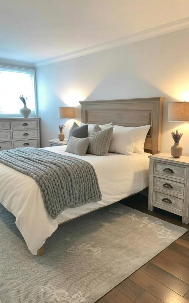 A king-sized bed with a wooden headboard sits centered in the room, layered with crisp white cotton sheets and several grey knitted blankets. Two matching bedside tables constructed from grey-washed wood flank the bed, each topped with a small ceramic vase holding a single sprig of dried lavender. A textured dresser with six drawers and dark metal pulls stands against one wall, while a patterned grey area rug covers the hardwood floor. Soft light streams through a large window, illuminating the wood grain and highlighting a simple woven basket placed in the corner of the room.