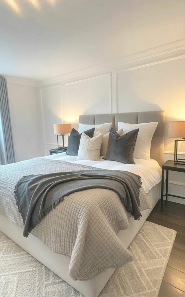 A king-sized bed dominates the room, layered with multiple soft grey textiles, creating a plush and inviting appearance. Crisp white cotton sheets are visible beneath a medium-grey wool quilt, complemented by a charcoal cashmere throw casually draped at the foot of the bed. The pillows consist of a mix of white linen and darker grey velvet, arranged in a deliberately disheveled style. The room features white walls, a dark wood floor, and two simple black-framed lamps placed on matching nightstands positioned on either side of the bed.