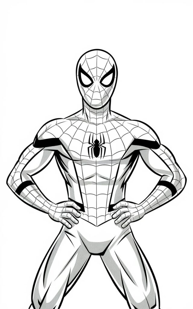 A pencil drawing of Spider-Man with a plain white background. He is standing upright with his hands firmly on his hips. His chest is slightly forward, giving a proud and heroic posture. The legs are shoulder-width apart, creating stability. The mask's eye lenses are evenly shaped, conveying confidence and calm assurance. Web details are neatly spaced and lightly sketched. The drawing is drawn in a simplistic style, relying on smooth contours and minimal shading to keep the pose bold and readable.