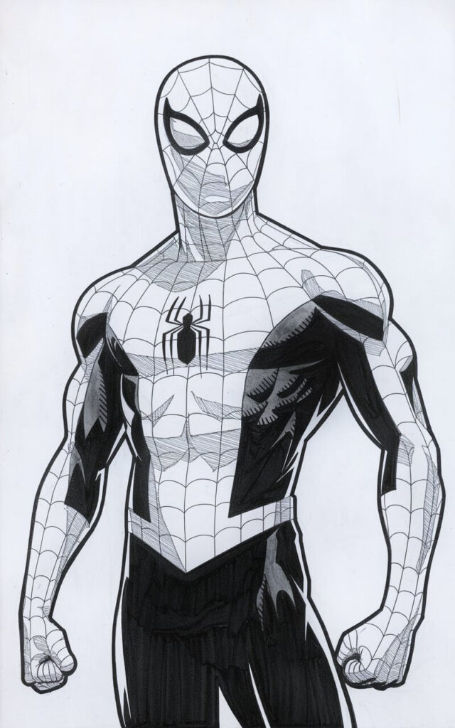 A confident, plain white background pencil drawing illustration of Spiderman designed to resemble an ink-only sketch. The lines are bold and decisive, outlining the standing figure without sketchy overlaps. Details are reduced to essentials, allowing the silhouette to dominate. The eye lenses are cleanly shaped, giving a focused yet calm expression. The artwork is drawn in a simplistic style. The strong line quality creates a sense of assurance and artistic control.