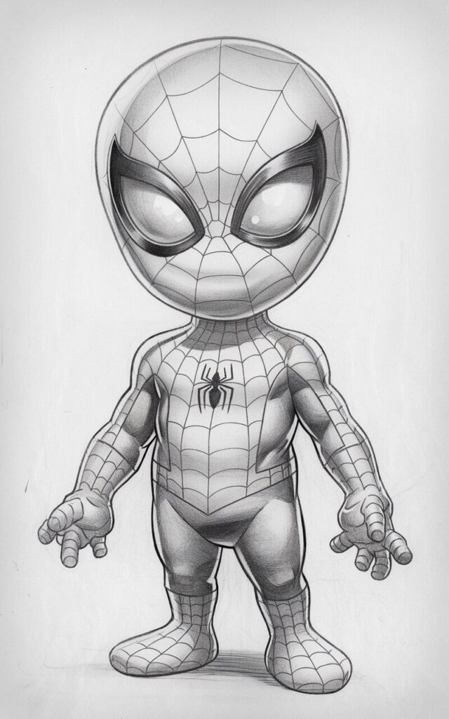 A pencil drawing of a young, childlike Spider-Man with a gentle expression. The body is shorter and has a slightly larger head, creating youthful proportions. The stance is upright and proud, with feet close together and arms relaxed. The eye lenses appear softer and rounder, giving an innocent expression. Suit details are simplified for clarity. The drawing is drawn in a simplistic style, with light pencil pressure and rounded shapes reinforcing the friendly, youthful character.