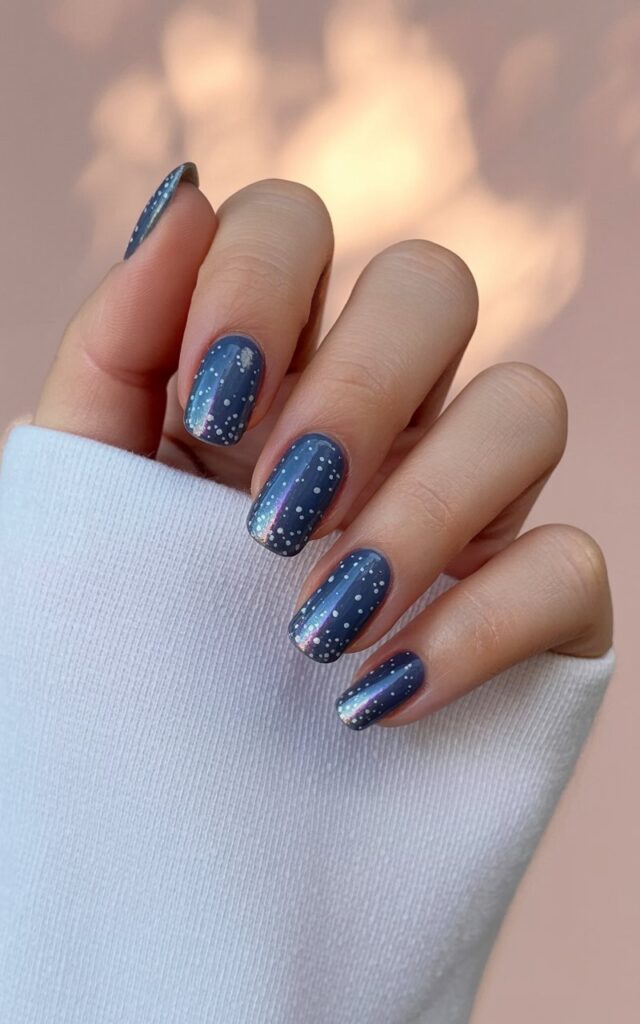 A woman's left hand rests gently against a softly blurred backdrop, showcasing five fingers in a relaxed, slightly curved position. Each nail is meticulously shaped into a long, ballerina style, displaying a deep navy blue base coat covered in tiny, irregularly sized white dots mimicking snowfall, and a subtle iridescent shimmer. The skin appears smooth and well-hydrated, reflecting a soft, diffused light source. The background consists of a gradient of warm tones, suggesting an out-of-focus natural environment with indistinct foliage and sunlight filtering through.