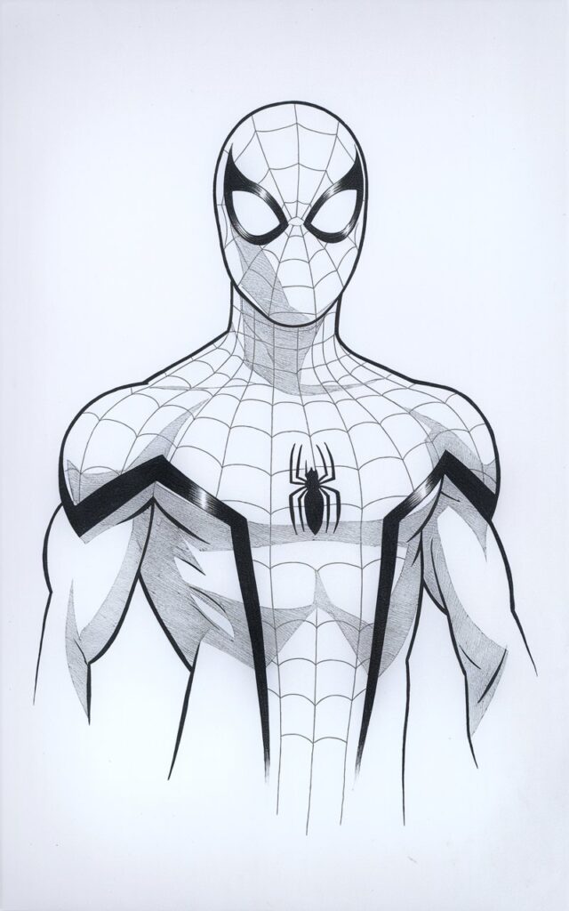 A clean, plain white background pencil drawing illustration of Spiderman created using minimal lines. The figure stands upright, defined mostly by smooth outer contours rather than internal detail. The mask and eye lenses are clearly outlined, while web patterns are reduced to a few essential lines. There is little to no shading, allowing the form to remain open and airy. The artwork is drawn in a simplistic style. Each pencil stroke feels deliberate, emphasizing clarity, balance, and confident line control.