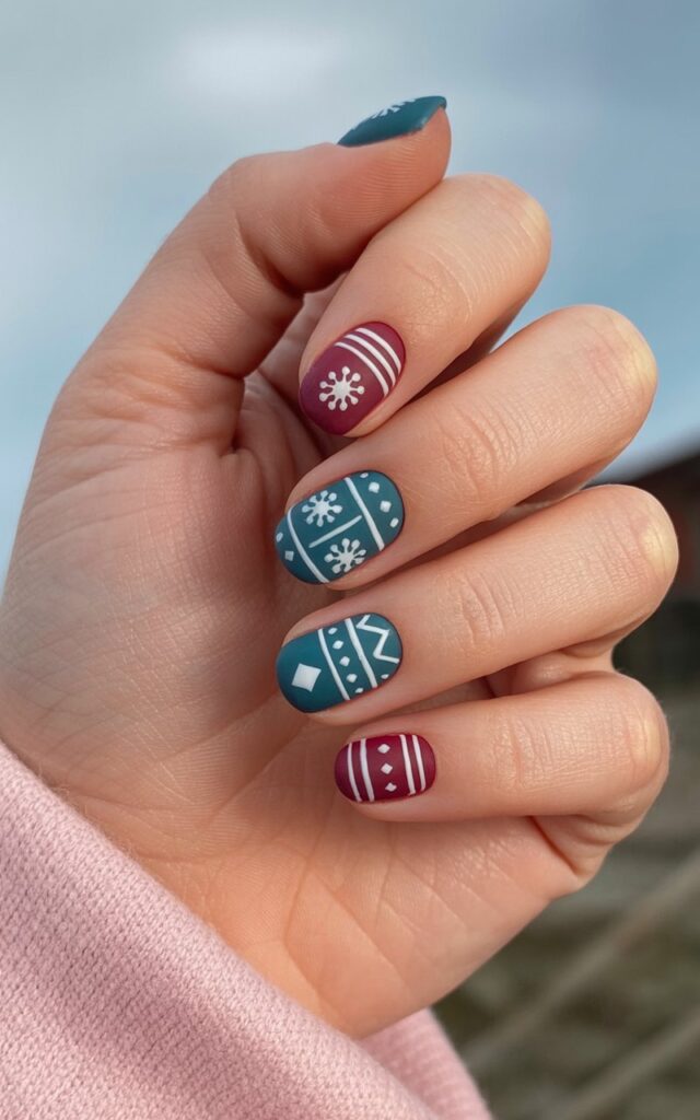 A woman’s left hand is positioned with fingers relaxed and slightly curved, resting against a soft, out-of-focus background. The nails are painted with a combination of deep teal and burgundy seasonal hues and decorated with clean, geometric Nordic designs including white snowflakes, chevrons, and tiny diamonds. A matte topcoat enhances the visual texture of the nail designs. The skin around the nails is noticeably moisturized and exhibits a subtle warmth, with soft lighting highlighting the skin's natural texture and creating a gentle contrast with the crisp nail patterns.