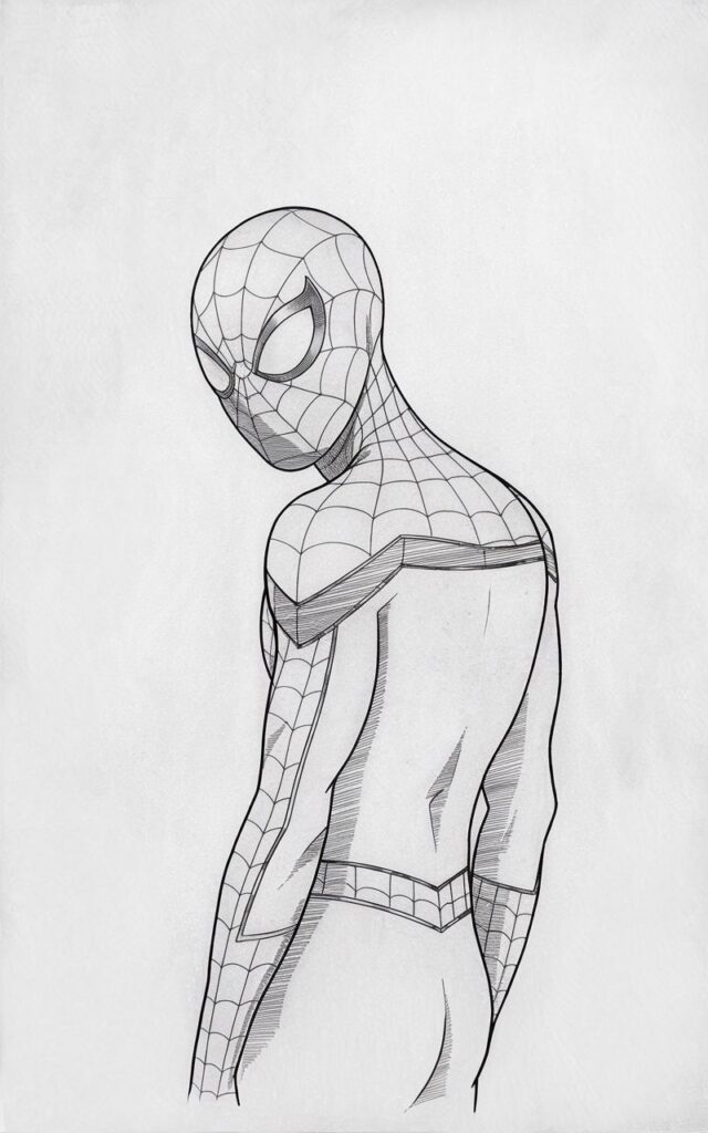 A plain white background pencil drawing illustration of Spiderman standing still and turning his head slightly over one shoulder. The body remains facing forward, while the head twist adds subtle storytelling. One eye lens becomes more prominent due to the angle, giving a curious, alert expression. The suit's web lines wrap naturally around the neck and shoulders. The artwork is drawn in a simplistic style. Gentle pencil strokes and clean outlines emphasize quiet awareness rather than action.