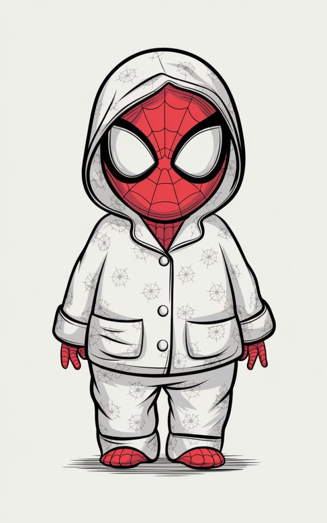 A cozy, plain white background pencil drawing illustration of Spiderman wearing a pajama-inspired version of his suit. The overall design appears softer, with fewer web lines and rounded edges replacing sharp angles. The character stands upright in a relaxed posture, conveying comfort and calm. The eye lenses are gently curved, giving a sleepy yet friendly expression. Fabric folds are lightly suggested with minimal pencil strokes. The entire illustration is drawn in a simplistic style. Clean outlines and subtle details keep the drawing warm, playful, and easy on the eyes.