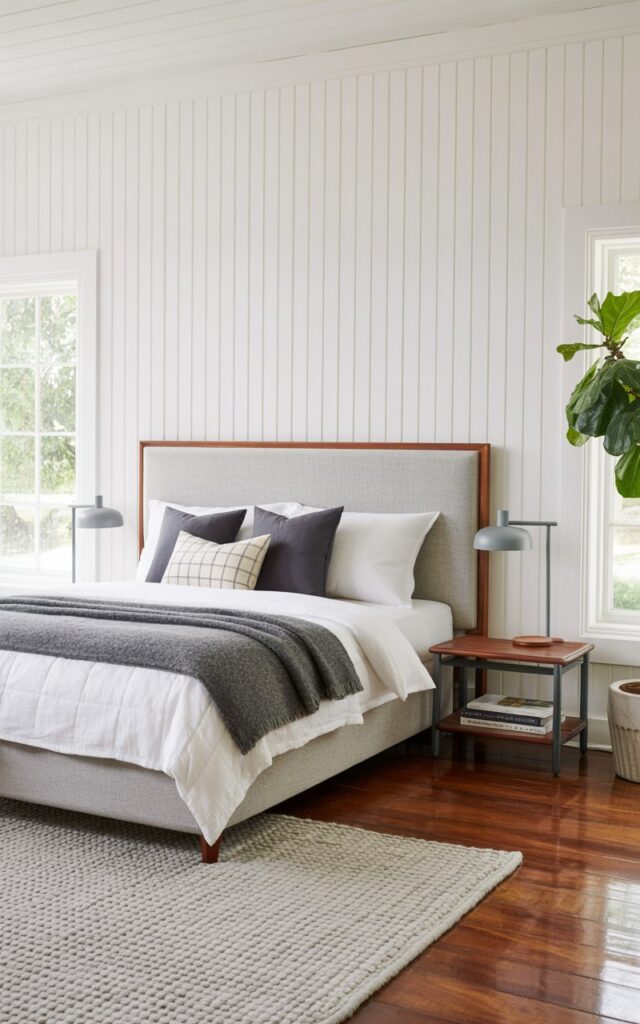 A king-sized bed with a grey linen headboard sits against a wall covered in vertical white wood paneling. Three grey pillows and two white pillows are arranged on the bed, layered with a grey wool blanket and a white duvet cover. Two minimalist bedside tables, each with a simple grey lamp and a stack of books, flank the bed. Natural light streams through a large window, illuminating a light grey wool rug on the polished hardwood floor and a potted fiddle-leaf fig tree in the corner of the room.