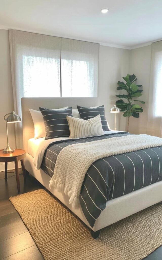 A queen-sized bed with a dark grey and white striped duvet cover sits centered in the room. Several pillows, including striped dark grey and white ones, are arranged on the bed along with a thick, cream-colored textured throw blanket. A small, round wooden bedside table with a brushed nickel lamp stands to the left of the bed, while a woven jute rug covers the hardwood floor beneath the bed. Natural light filters through sheer linen curtains, illuminating the neutral walls and a potted fiddle leaf fig tree positioned in the corner.