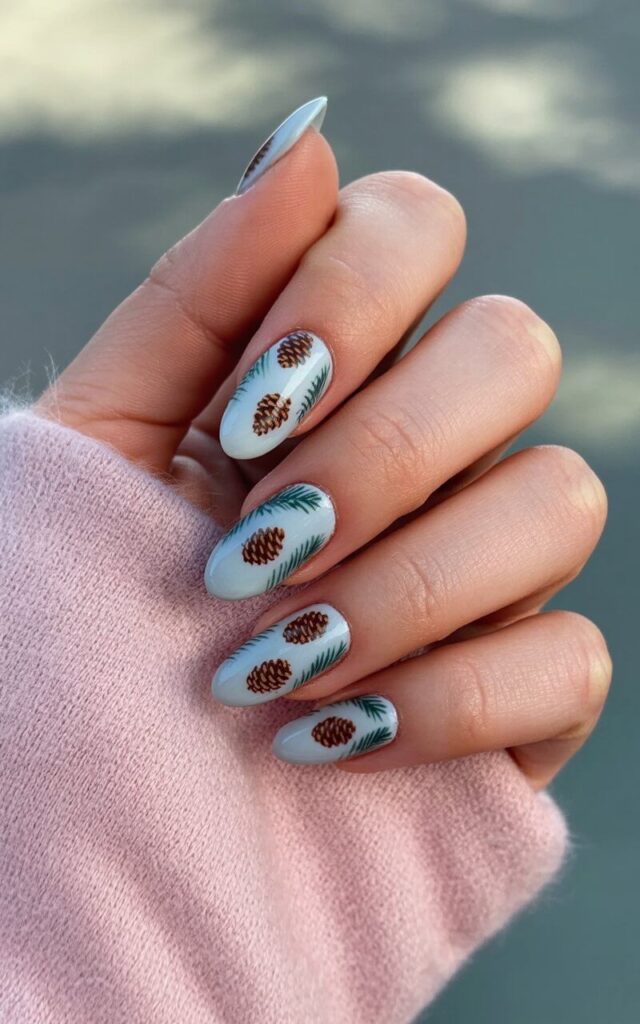 A woman's right hand rests gently against a softly blurred background, displaying only five fingers slightly curved in a relaxed, open position. The nails are sculpted into a stiletto shape and adorned with a detailed design featuring miniature brown pinecones and sprigs of evergreen foliage arranged across the surface. The skin of the hand appears smooth and hydrated, reflecting light with a subtle oily sheen. The backdrop suggests an out-of-focus natural environment, with hints of soft green hues and diffused sunlight contributing to a sense of warmth and tranquility.