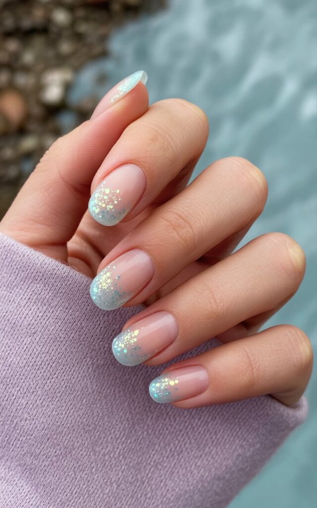 A woman's right hand rests gently against a softly blurred background, showcasing five fingers in a relaxed, open position. The nails, shaped into long ballerina points, possess a sheer base coat overlaid with extremely fine iridescent glitter that creates a frosted effect. Each nail reflects subtle light, highlighting the glitter’s shimmer and the skin's hydrated texture. The background consists of a natural setting with muted greens and browns, suggesting an outdoor environment with diffused sunlight.