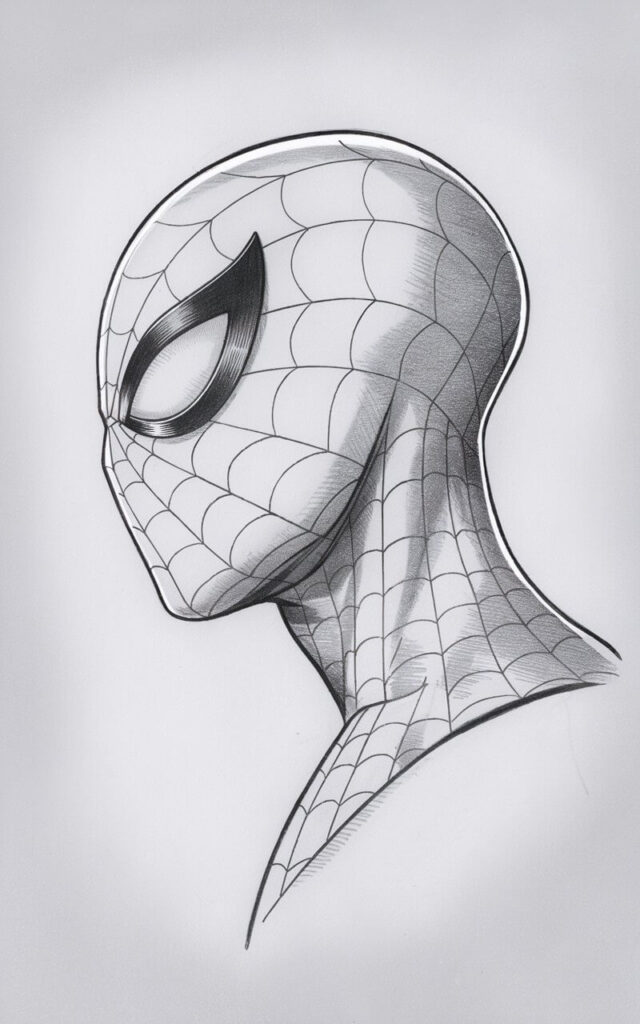 A pencil drawing of Spider-Man's head in side profile. The refined, plain white background highlights the simplicity of the drawing. The mask flows smoothly from the forehead to the jaw, creating a clean silhouette. One eye lens is visible, elongated to fit the profile angle. The web lines curve backward, following the contour of the head. The expression is calm and observant. The drawing is in a simplistic style, with light and controlled pencil lines. There is no heavy shading, allowing the shape and profile to stand out clearly.
