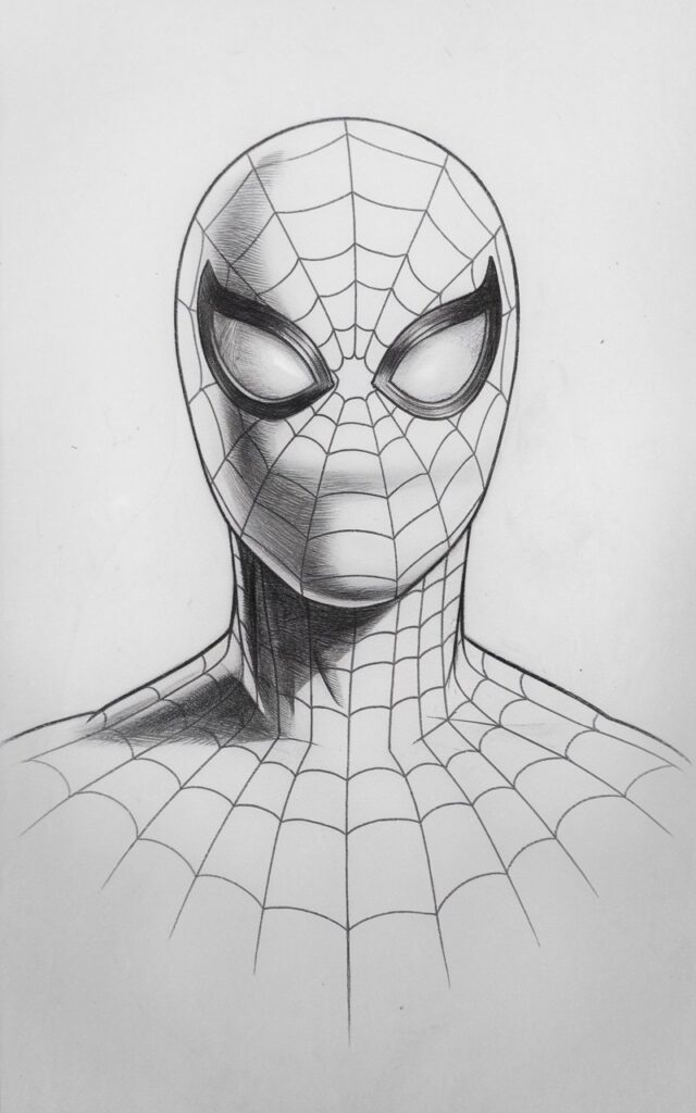 A pencil drawing of Spiderman with a plain white background. He is facing forward with relaxed shoulders. The portrait captures a quiet, steady presence through balanced posture and softly shaped eye lenses. The web pattern flows naturally across the mask, following its contours. Very subtle shading adds depth around the neck and jawline. The drawing is done in a simplistic style. Clean lines and restrained detail emphasize calmness and control rather than action or intensity.
