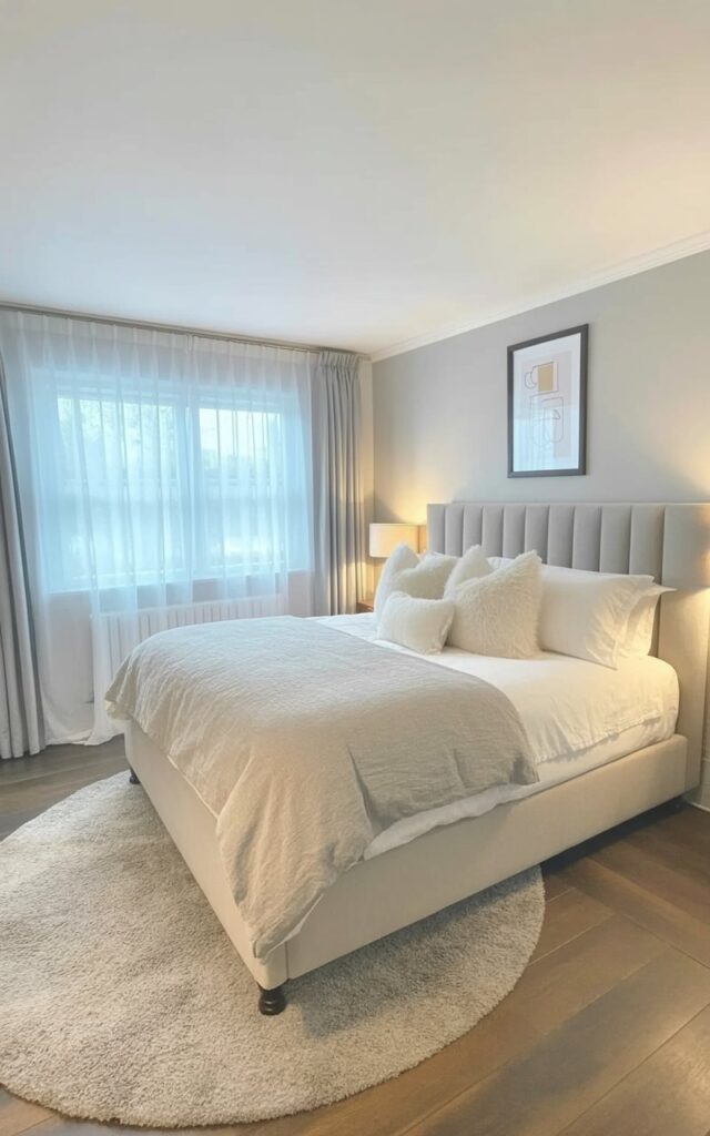 A king-sized bed with a light grey upholstered headboard sits centered against a wall covered in pale grey paint. Crisp white linen sheets and a light grey duvet cover the bed, accented by several plush, white pillows. Sheer white curtains hang from a curtain rod mounted on the wall, diffusing natural light from a large window behind the bed. A circular light grey rug sits on the wooden floor beneath the bed, while a simple bedside lamp with a white shade rests on a small wooden nightstand next to the bed, and a framed print with abstract geometric shapes hangs on the wall opposite the bed.