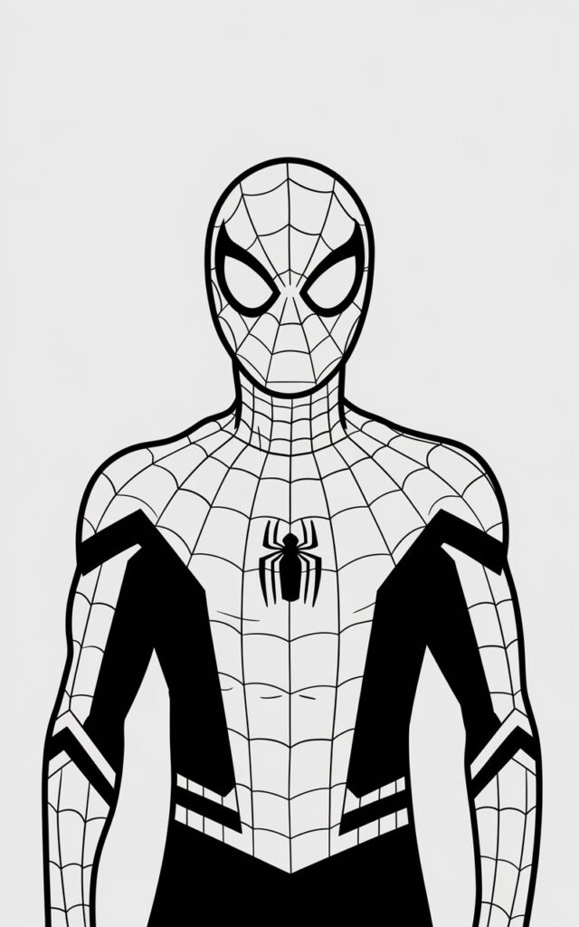 A pencil drawing of Spiderman on a plain white background. The illustration is created with beginners in mind and has a simplistic style. Spiderman is standing straight with basic proportions and minimal web detailing. The eye lenses are simple and evenly shaped, giving a neutral, confident expression. There are no complex textures or shading. The illustration is drawn with light, controlled pencil strokes, making it easy to follow and unintimidating for first-time artists.