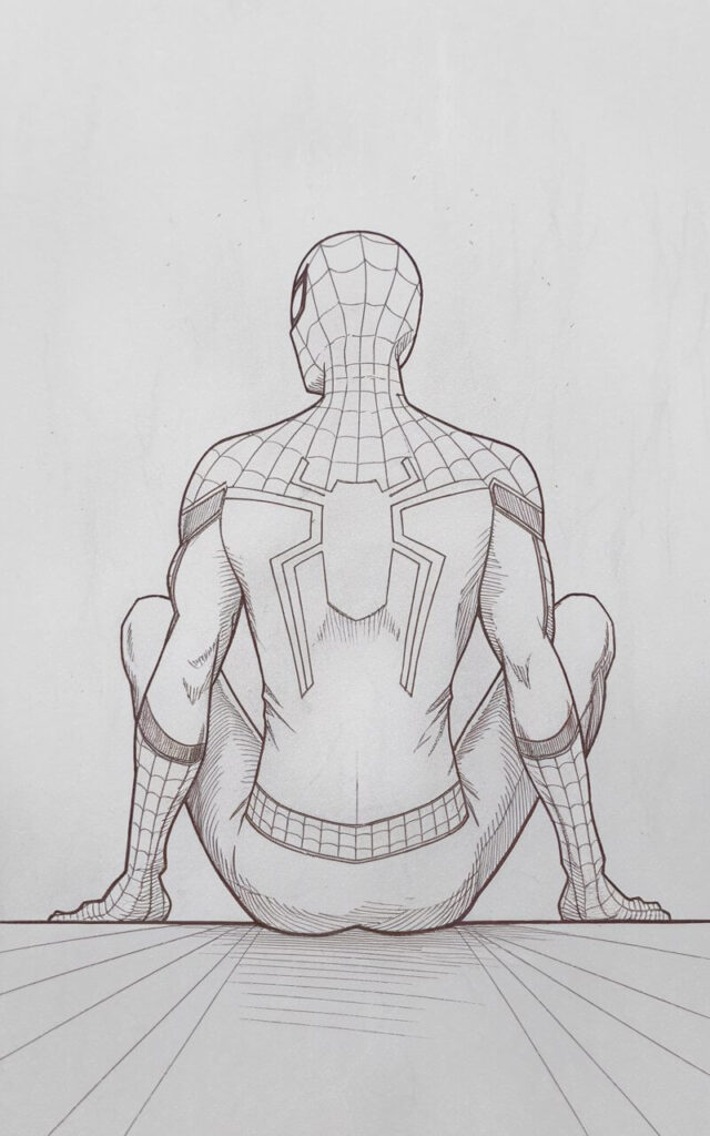 A pencil drawing of Spiderman seated upright on a flat surface against a plain white background. His back is straight, and his hands rest naturally on his knees. The image is drawn in a simplistic style with gentle outlines and minimal shading. The web details are lightly sketched, following the folds of the suit. The mask's eye lenses appear relaxed and neutral.