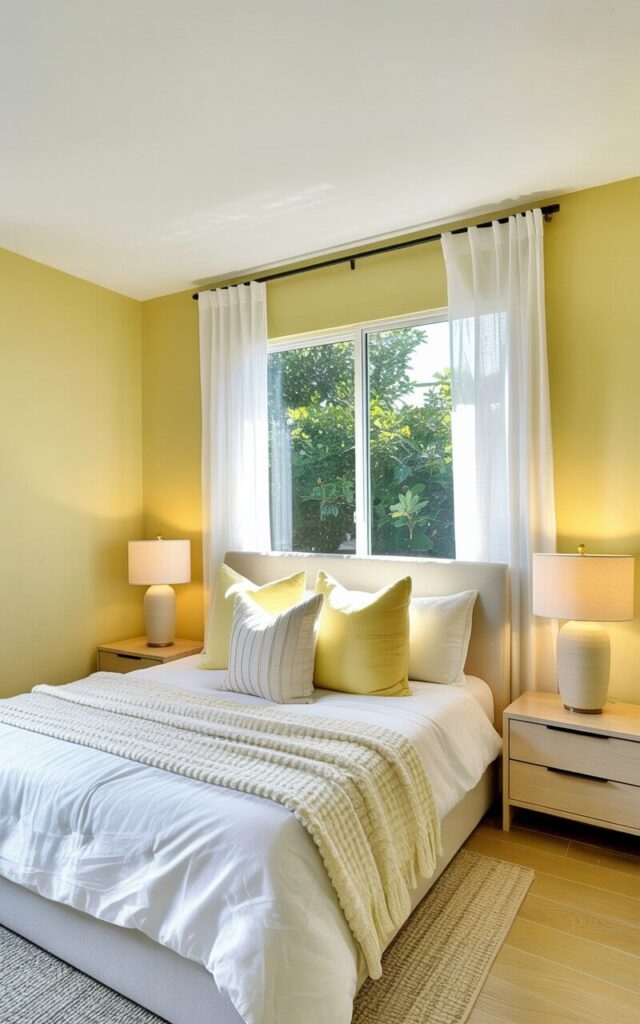 A bed with plush white linens sits centered in a bedroom with butter-yellow walls and sheer white curtains filtering natural daylight. The bed is layered with textured throws and pillows in cream and pale yellow tones, neatly arranged to create a cozy and inviting feel. Light wood nightstands are positioned on either side of the bed, each featuring a simple ceramic lamp that provides soft illumination. A light oak floor is partially covered by a neutral rug, and the room exudes a minimalist aesthetic with an emphasis on warmth and comfort.