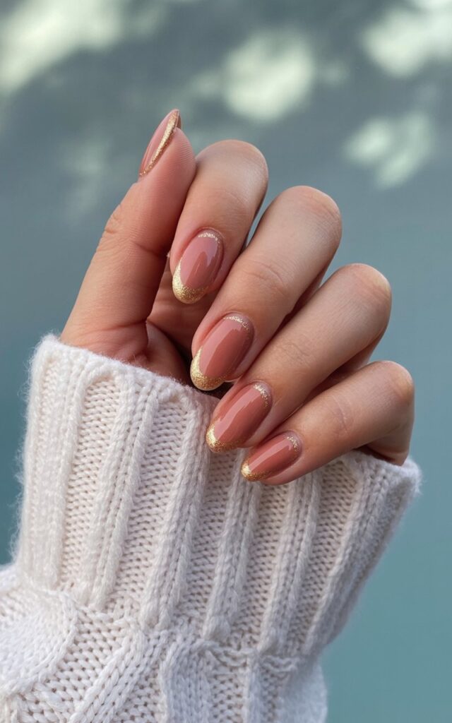A woman’s right hand, displaying five fingers in a relaxed position, is centered in the composition. The nails are long and shaped in a ballerina style, coated with a cinnamon-toned polish accented with soft gold shimmer. She is wearing a white sweater with a cable knit pattern, and the sleeves extend just past her wrists. The background is a softly blurred natural setting with diffused light and indistinct foliage.