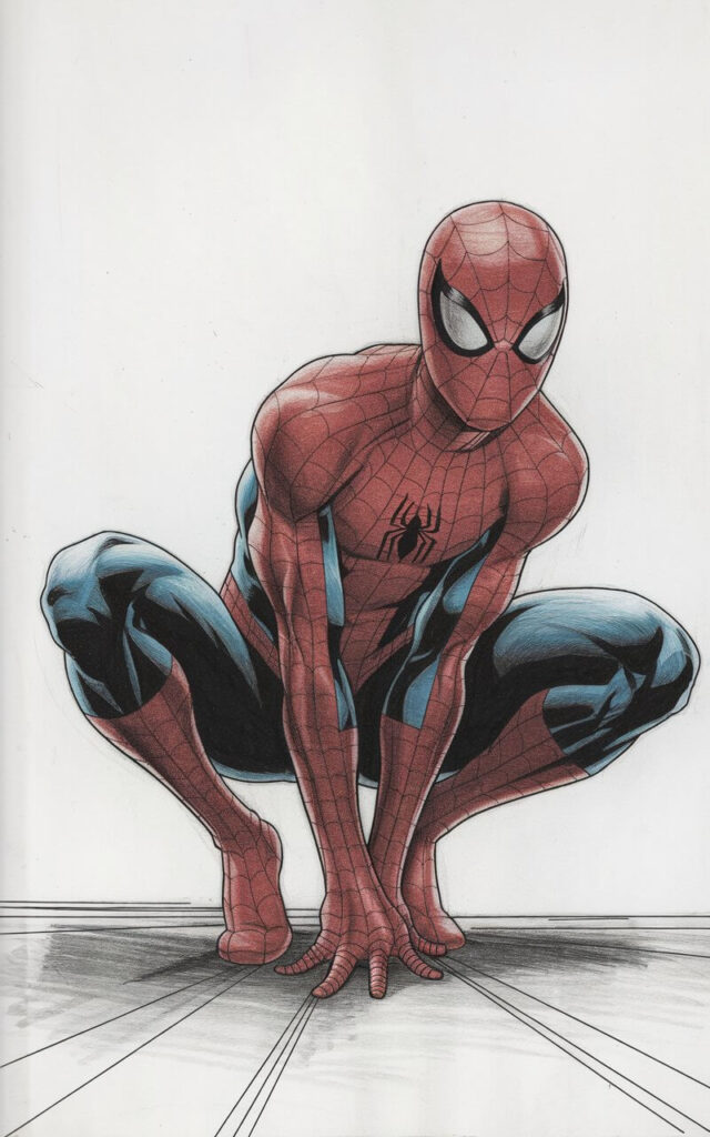 A pencil drawing illustration of Spiderman crouched low to the ground in a stable, ready position. The background is plain white. Spiderman's suit is plain red and blue. The image is drawn in a simplistic style, using controlled lines and subtle shading to emphasize posture without overcrowding the image.