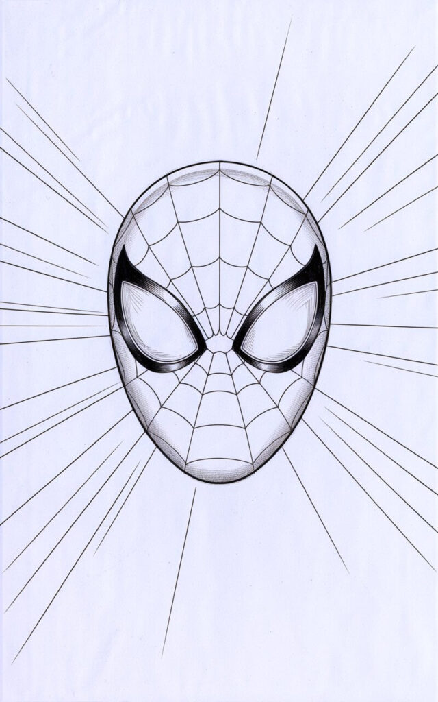 A clear, plain white background pencil drawing illustration of Spiderman's mask viewed straight from the front. The mask fills most of the frame, centered carefully to emphasize symmetry. The large eye lenses are almond-shaped and evenly spaced, outlined with confident, smooth strokes. Fine web lines radiate outward across the mask, lightly sketched to avoid visual clutter. The expression feels calm and alert despite the lack of facial features. The drawing is drawn in a simplistic style. Minimal shading is used, relying on clean contours and balanced spacing for clarity.