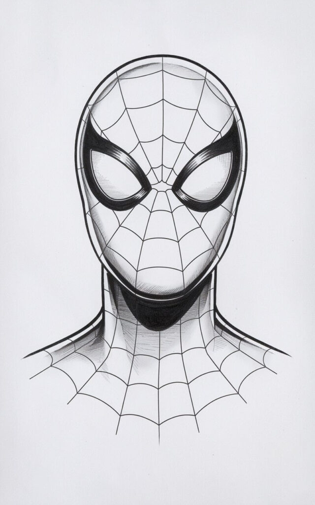 A plain white background pencil drawing illustration of Spiderman from the shoulders up. The head is centered, with the neck and upper torso providing subtle structure beneath the mask. The web pattern curves naturally around the rounded shape of the head, carefully following the form. The eye lenses are evenly shaped and slightly angled, suggesting quiet confidence. Very light shading appears beneath the chin for depth. The artwork is drawn in a simplistic style. Clean lines and restrained detail keep the portrait strong yet uncluttered.