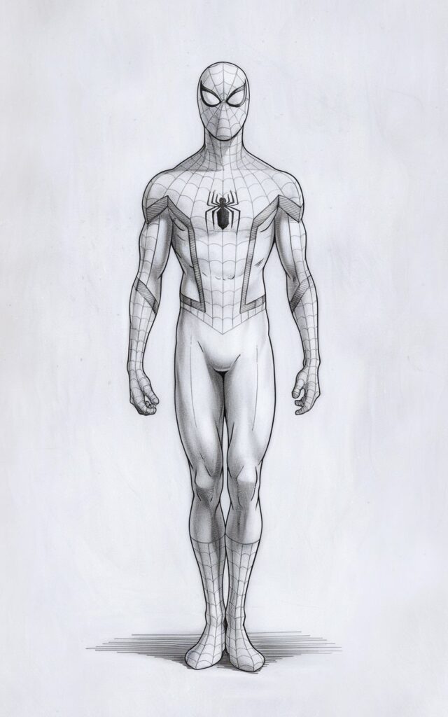 A detailed, plain white background pencil drawing illustration of Spiderman standing upright in a calm, balanced pose. His feet are planted evenly on the ground, with legs straight and shoulders relaxed, giving a composed and confident stance. The suit's web pattern is lightly sketched with thin, curved pencil lines that follow the natural shape of the body. The eye lenses are smooth and symmetrical, showing a neutral, steady expression. The entire figure is drawn in a simplistic style. Soft pencil pressure creates gentle outlines without heavy shading, keeping the character clean and approachable.