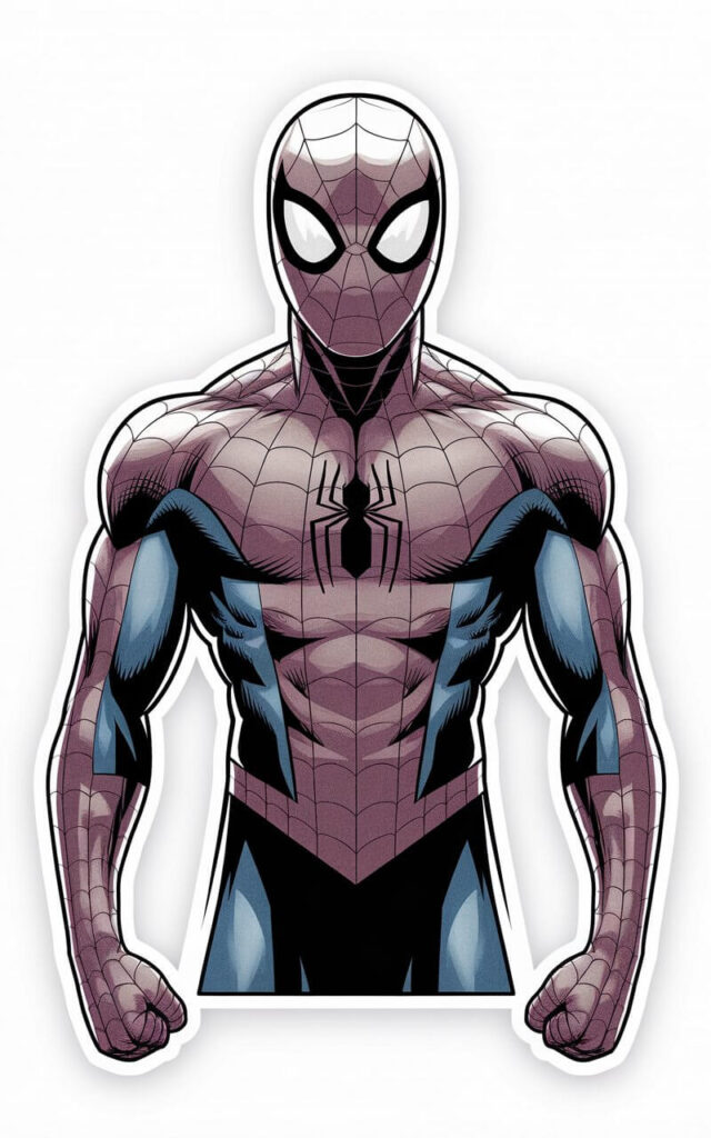A bold, plain white background pencil drawing illustration of Spiderman designed to resemble a sticker. The figure is centered and standing still, outlined with thick, confident lines to create a strong silhouette. Interior details, such as web patterns and suit seams, are simplified to maintain clarity. The eye lenses are evenly shaped and expressive without excess detail. The illustration is drawn in a simplistic style. The clean edges and balanced composition make the character feel crisp, graphic, and visually striking.
