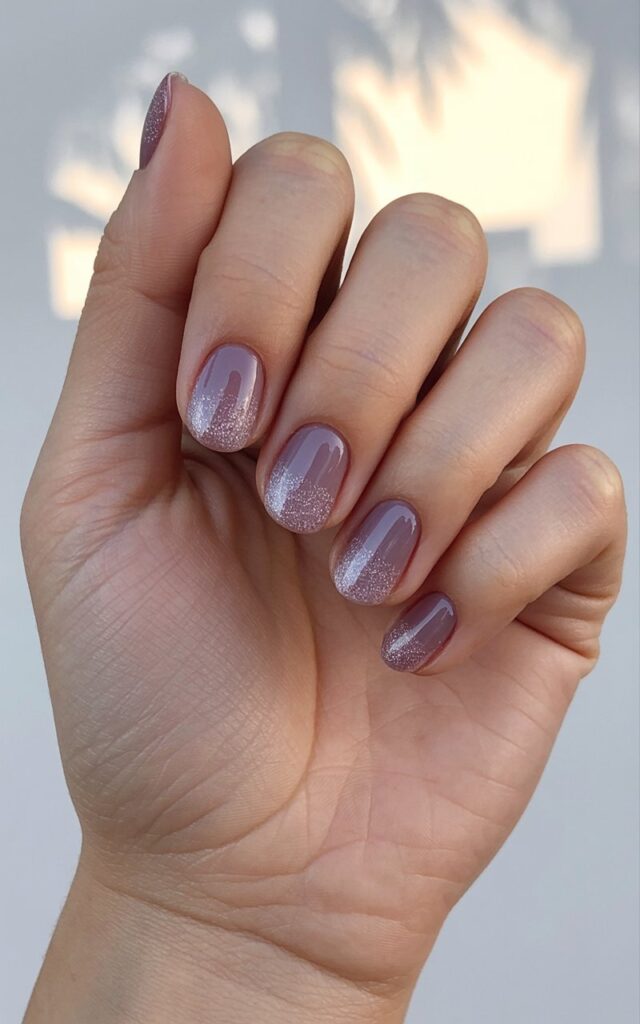 A woman's left hand rests in a relaxed, open posture against a soft, out-of-focus background of natural light. The hand displays five fingers with neatly shaped nails painted in layered shades of plum and lavender, culminating in a fine, sugary glitter texture across the nail surface. The glitter reflects the light, creating shimmering highlights on the nail polish, while the skin appears hydrated with a subtle sheen. The background is a warm, diffused light with hints of greenery, creating a shallow depth of field that emphasizes the hand and nail design.