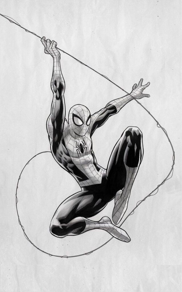 A dynamic, plain white background pencil drawing illustration of Spiderman captured mid-swing as his body arcs gracefully through the air. One arm is raised upward, gripping a thin web line that extends beyond the frame, while the other arm bends naturally for balance. His legs are slightly tucked, showing motion without excessive complexity. The eye lenses are wide and alert, conveying focus and determination. The suit's web pattern follows the curves of the body, subtly emphasizing movement. The entire illustration is drawn in a simplistic style, with clean outlines and light shading to suggest motion while maintaining a minimalist look.