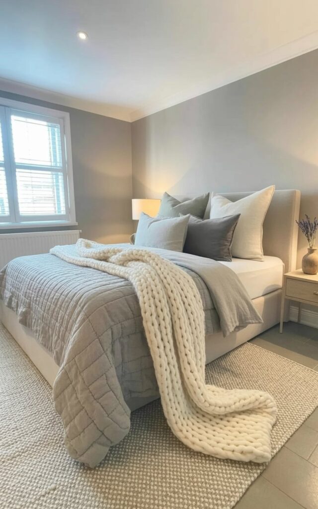 A thick, textured white throw blanket is draped casually across a bed layered with various shades of grey linen sheets and a quilted coverlet. The bed is centered in the room and has several plush pillows in different shades of grey and white arranged against the headboard. A small ceramic vase with a single sprig of dried lavender sits on a bedside table constructed from light-colored wood. Soft morning light streams through a window, illuminating the textures of the rug, the throw, and the walls painted in a matte grey hue.