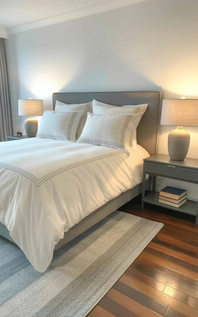 A queen-sized bed with a thick, plush mattress is centered in the frame, draped with pristine white cotton sheets and accented with a wide grey trim along the edges. Several rectangular pillows, each featuring a matching grey border, are neatly arranged against the headboard, creating a symmetrical and inviting display. Two matching nightstands with smooth, dark grey surfaces flank the bed, each holding a simple ceramic lamp with a white linen shade and a stack of three closed hardcover books. A light grey area rug lies on the polished hardwood floor, grounding the bed and creating a sense of warmth and cohesion within the tranquil bedroom.