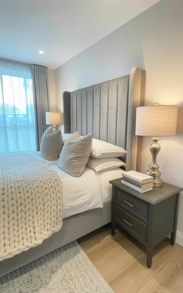 A tall grey upholstered headboard dominates the scene, featuring vertical channel tufting and rounded corners. The bed is layered with a thick white duvet, three light grey linen pillows, and a chunky knit throw blanket in a cream color. Two dark grey wooden nightstands flank the bed, each holding a brushed nickel table lamp with a white linen shade and a stack of three books with plain grey covers. The room features pale grey walls, a light oak wood floor, and a large window with sheer white curtains filtering soft sunlight.