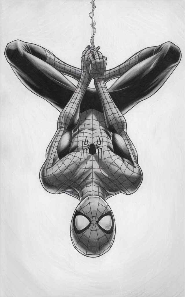 A pencil drawing of Spiderman hanging upside down in a calm, controlled pose, with a plain white background. The spider web lines on the suit curve naturally with gravity, reinforcing the inverted orientation. The mask's eye lenses appear relaxed, giving a playful yet composed expression. The artwork is drawn in a simplistic style, with smooth pencil lines and minimal shading.