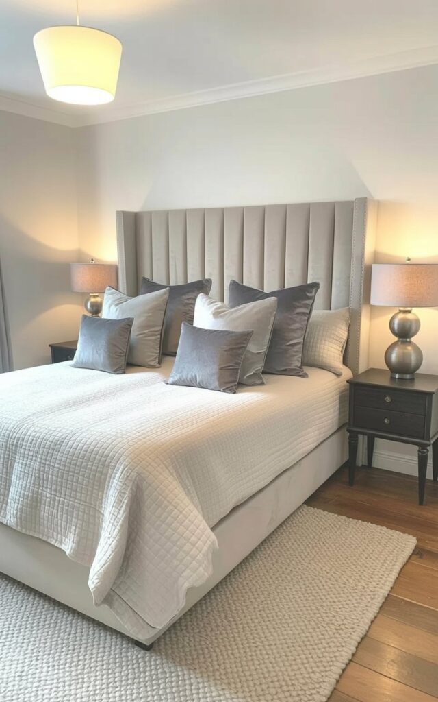 A king-sized bed with a tall upholstered headboard dominates the composition, featuring several grey velvet pillows of varying sizes arranged neatly. The pillows exhibit a subtle sheen as diffused sunlight illuminates their plush surfaces against crisp white linen bedding with a textured weave. A thick, cream-colored wool rug covers the hardwood floor, while a simple white ceramic pendant light fixture hangs from the ceiling, casting a warm glow. Two identical dark wood nightstands with brushed nickel lamps stand on either side of the bed, completing the minimalist and serene bedroom setting.