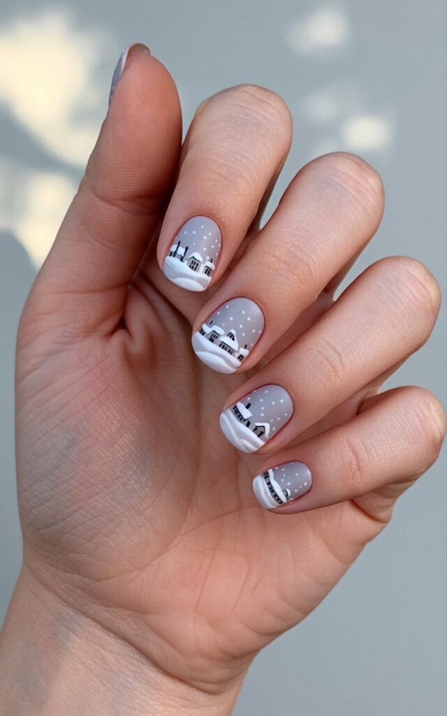 A woman's left hand rests in a relaxed, open position against a softly blurred backdrop of natural light. Five fingers are clearly visible, each showcasing short, neatly shaped nails painted with a detailed miniature scene depicting a village nestled among snowy hills and rooftops in shades of gray, white, and soft blue. The painted landscape on the nails resembles a tiny, muted postcard, with small details such as individual windows and chimney stacks visible. The skin of the hand appears smooth and well-moisturized, reflecting the ambient light and enhancing the clarity of the miniature winter village artwork.