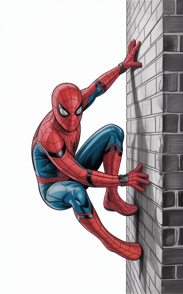 A detailed pencil drawing illustration of Spider-Man clinging to a vertical brick wall against a plain white background. His iconic red and blue suit is rendered in grayscale with clean black outlines, showing him positioned at a slight forward angle with one hand and foot pressed firmly against the wall surface, fingers and toes splayed to demonstrate his wall-crawling grip. His other limbs bend naturally in a controlled pose that suggests careful movement rather than rapid motion, while his mask's eye lenses appear focused and alert. The web patterns flow along his muscular form following the natural curves of his body, and light pencil shading defines his three-dimensional form against the textured brick wall with visible mortar lines.