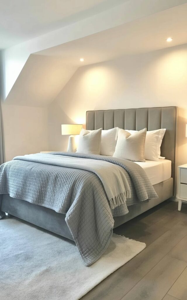 A queen-sized bed with a grey upholstered headboard sits centered within the room, featuring multiple layers of soft grey blankets and a thick duvet. Crisp white linen pillows are arranged neatly on the bed, and a light grey throw blanket is casually folded at the foot. The room's white ceiling extends upwards, creating a spacious feel, with recessed lighting fixtures positioned evenly across its surface. Pale grey hardwood flooring runs throughout the room, and a simple white nightstand with a minimalist lamp sits beside the bed.