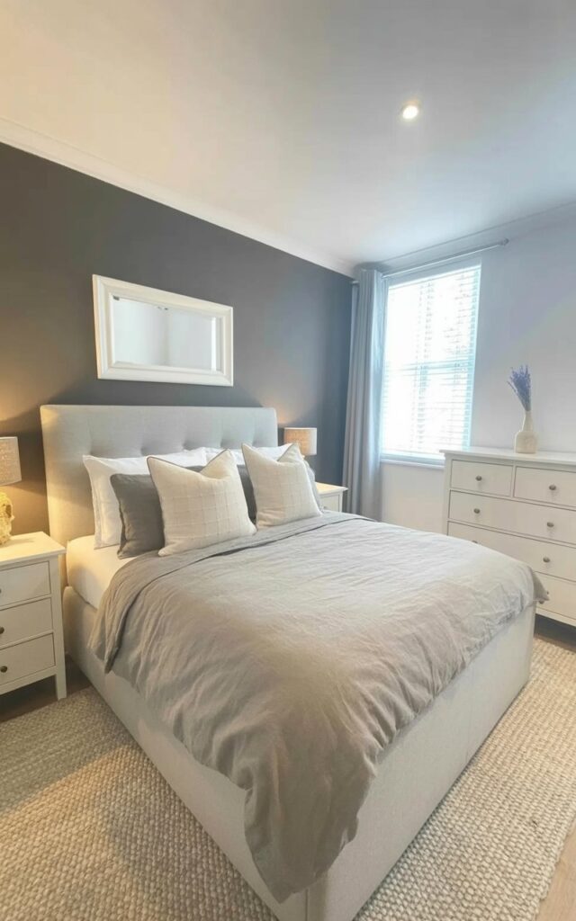 A bed with a grey linen duvet and several white cotton pillows rests against a wall painted a deep charcoal grey. A white dresser stands against the opposite wall, topped with a small ceramic vase holding a single sprig of dried lavender. Two matching white bedside tables flank the bed, each with a simple white-framed mirror resting on its surface. Natural light streams through a window partially obscured by sheer white curtains, illuminating the room and highlighting the clean lines of the furniture.