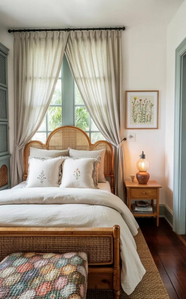 A double bed with a woven rattan headboard sits beneath a large window covered by flowing sheer linen curtains. Neutral-colored bedding, including a cream-colored duvet and several plush pillows with simple embroidered patterns, adorns the bed. A small wooden nightstand with a ceramic lamp holding a warm-toned light bulb stands beside the bed. The room has pale hardwood floors and a white-painted wall with a framed print of wildflowers hanging above the nightstand.